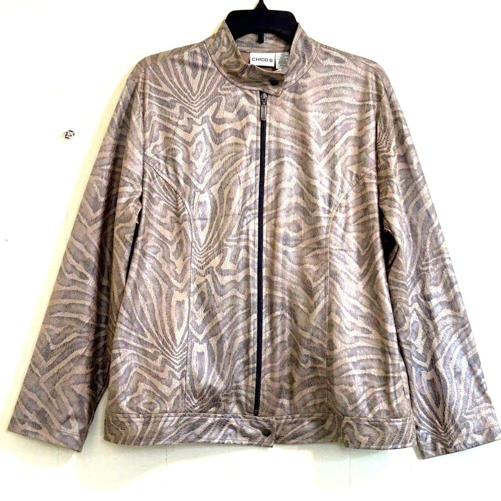 Chico’s Women's Jacket Blazer Size XL Tan Brown Metallic Animal Print Jacket